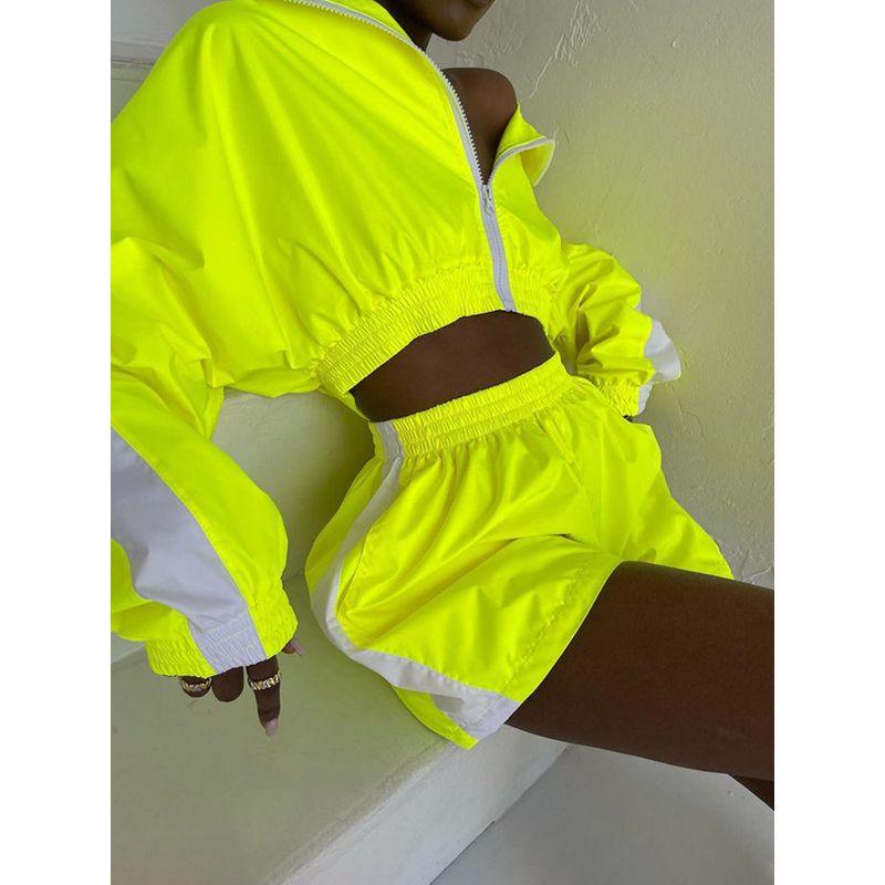 

European and American Leisure Set Zip-up Cardigan Long sleeve Contrast Color Top Sports Shorts Women Top Sports Shorts Bright yellow XL