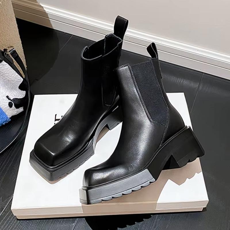 Fashion Black Leather Chelsea Boots Women Luxury Square Toe Thick Sole Non-slip Ankle Boots Cozy Chunky Heel Platform Shoes