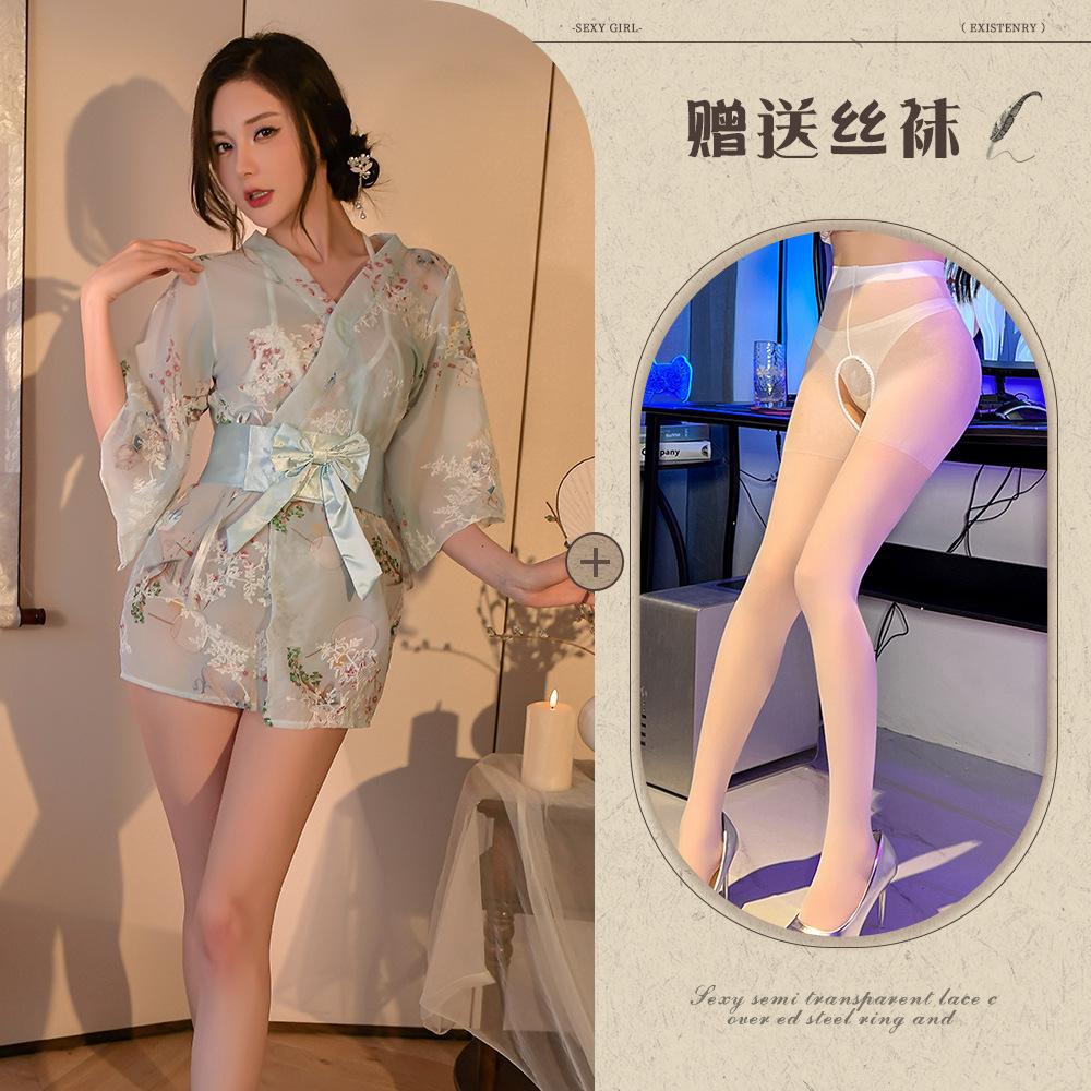 Large size Japanese kimono set, small chest erotic underwear seduction pajamas passion bed uniform
