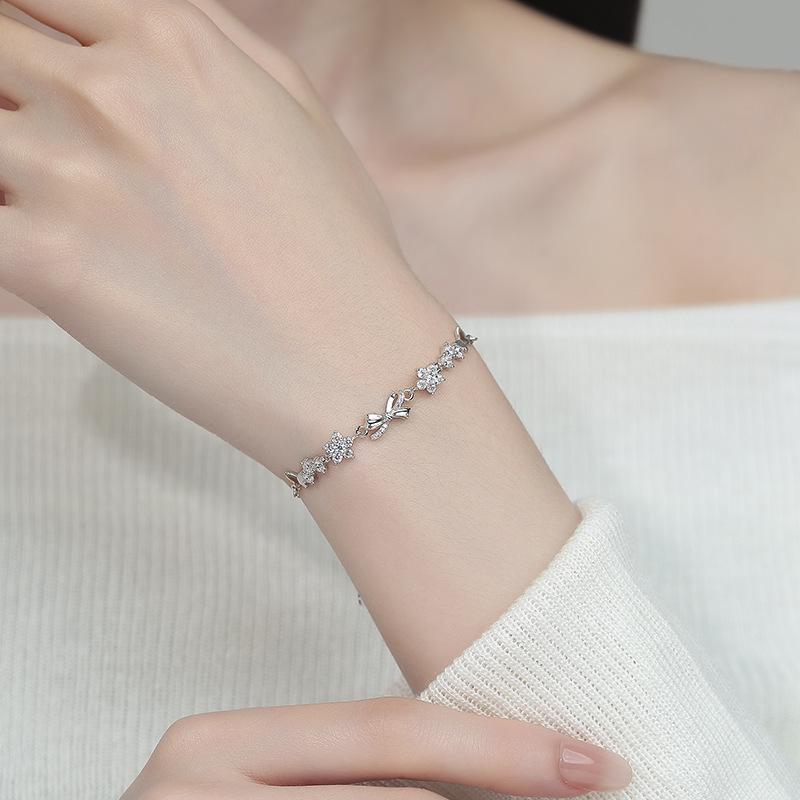 Sterling Silver 925 Floral Bow Bracelet - Exquisite Handcrafted High-End Jewelry