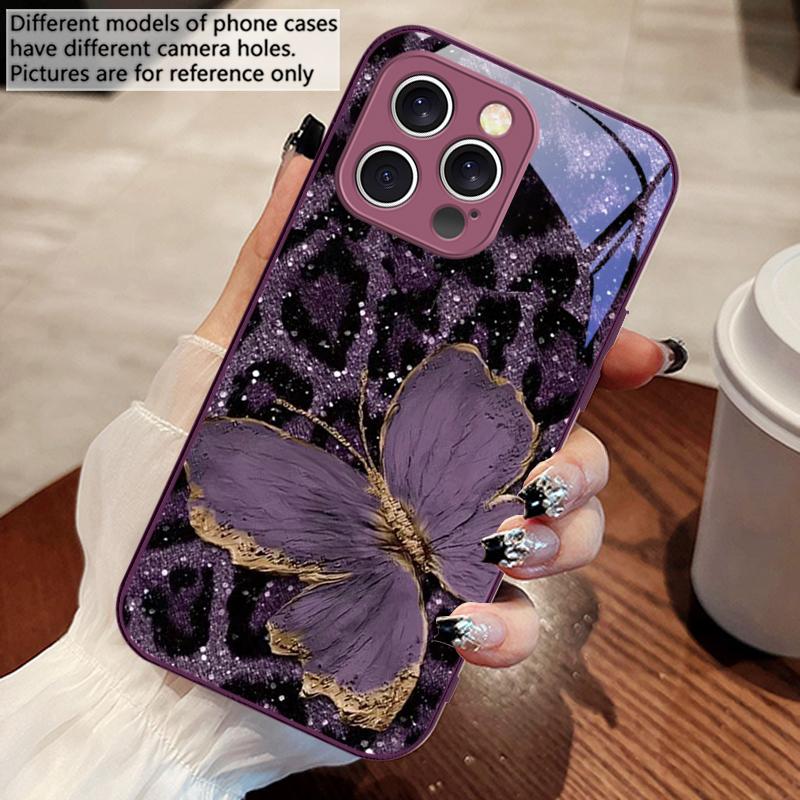 Leopard Purple Butterfly For IPhone 16 Pro Max 15 Pro 14 13 12 Mini 11 XS M ax XR 7 8 Plu SE 2022 Tempered Glass Phone Case