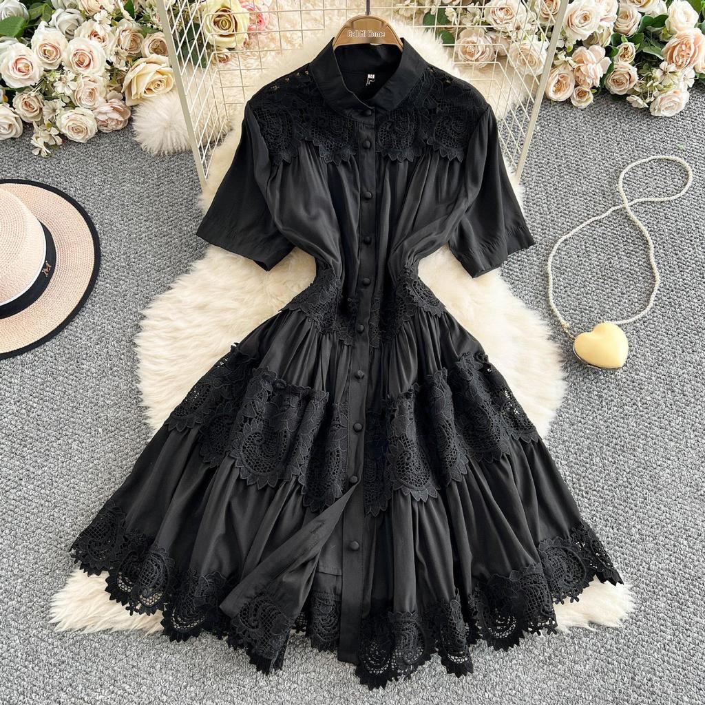 French Style Floral Pleated Square Neck Dress with Spliced Waist and Large Hem