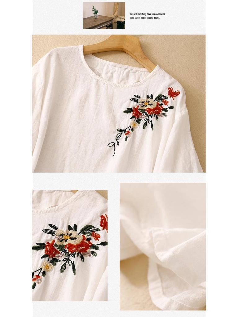 Women's Ethnic Embroidered Cotton-Linen Short Sleeve Loose Top