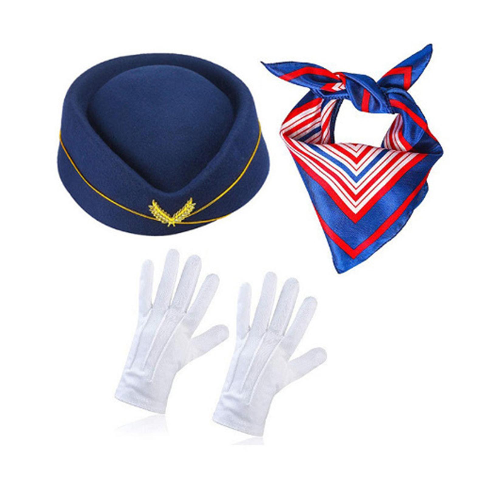 3 шт. Женский костюм стюардессы Аксессуары Шляпа стюардессы Перчатки Шарф Маскарады Косплей стюардессы Костюм темно-синий