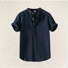 Men S Casual Solid Color Short Sleeve Stand Collar Loose Fit Shirt