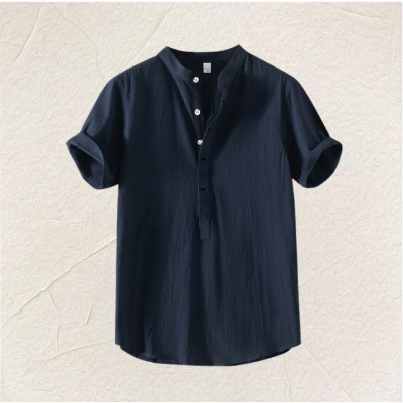 Men S Casual Solid Color Short Sleeve Stand Collar Loose Fit Shirt