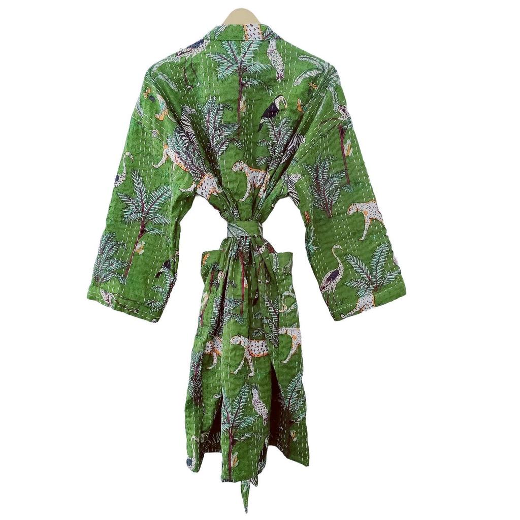Pranipat Handicrafts Cotton Animal Print Lightweight Open Front Mid Length Hippie Women Kantha Jacket, Free Size