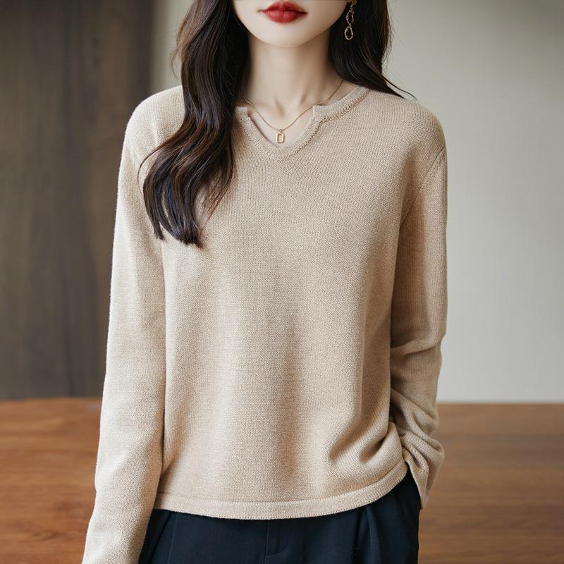 Höst/Vinter 2025 V-ringad Lösstickad Tröja i Ren Bomull för Kvinnor