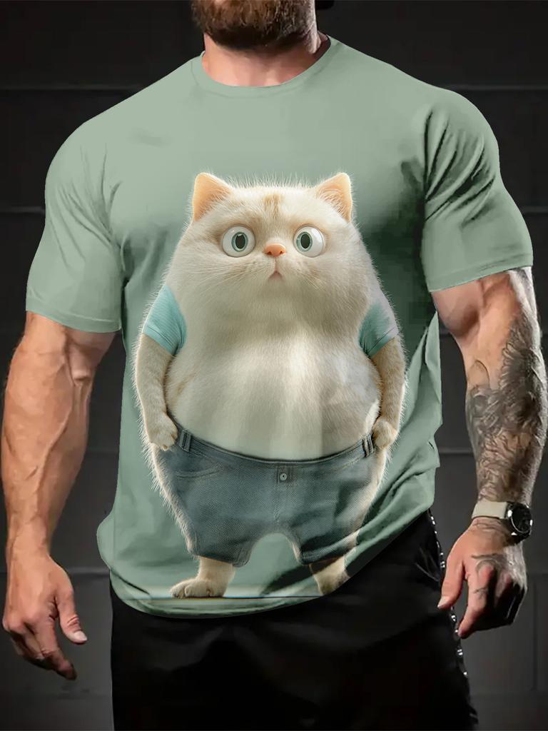 Fashionable and Fun Animal Cat Pattern Men's 3D Printed T-shirt with Oversized Short Sleeved Round Neck Casual Men's and Women's Clothing
