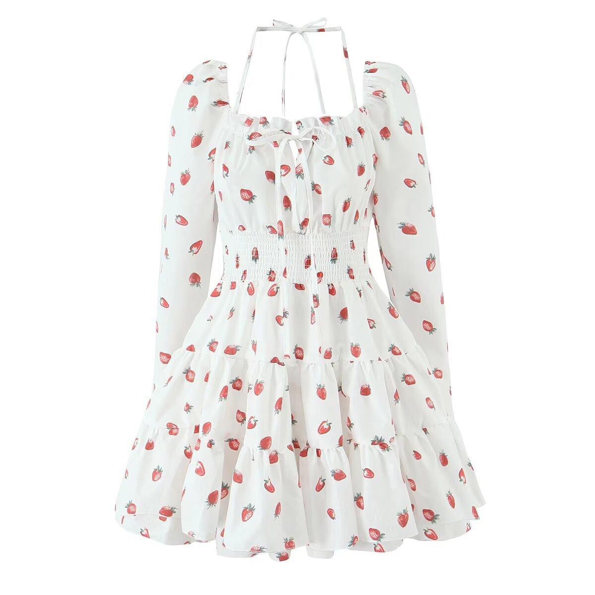 European and American style, new women s clothing, foreign style fashionable strawberry printing bubble sleeve waist dress S