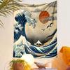 Japanese Wave and Mount Fuji Scene Patterned Tapestry Decorative Wall Hanging, Home Bedroom Living Room Decor