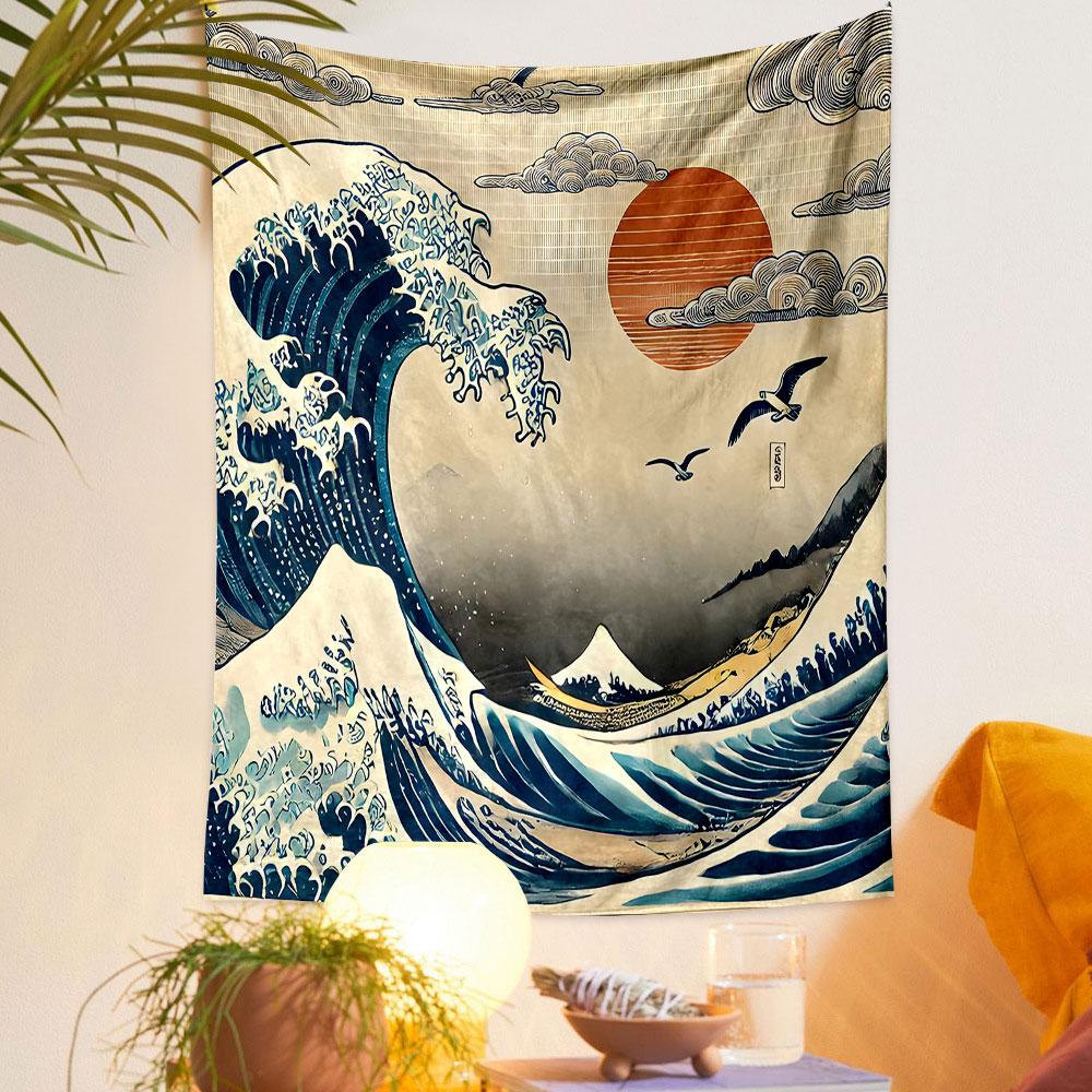 Japanese Wave and Mount Fuji Scene Patterned Tapestry Decorative Wall Hanging, Home Bedroom Living Room Decor