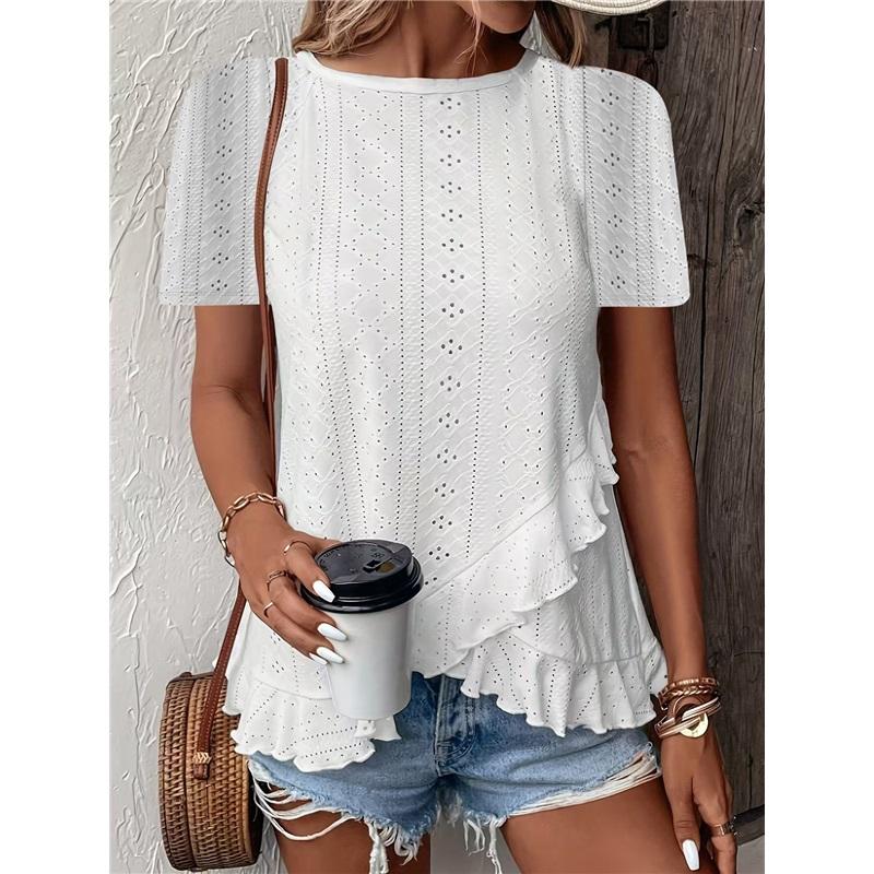 Women's Casual Hollow Out Ruffle Hem T-Shirt - Short Sleeve Round Neck Solid Color Top
