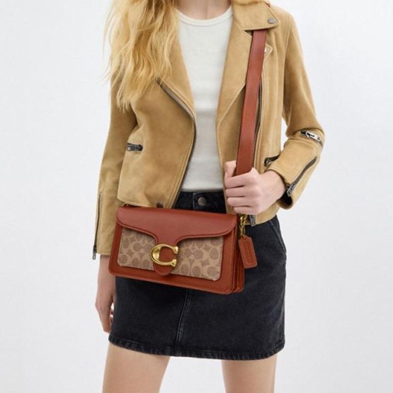 Coach Tabby 26 Classic Logo Buckle Closure Cow Leather Shoulder Handbag Medium Size Women's Brown and Caramel Color