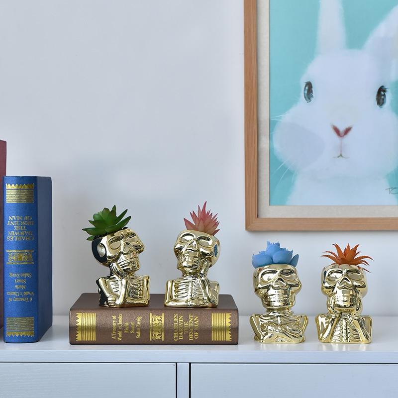 Creative Golden Skull Flower Pot Succulent Pot Ceramic Planter Home Decor Desktop Ornaments Bonsai Plant Pot Garden Decoration