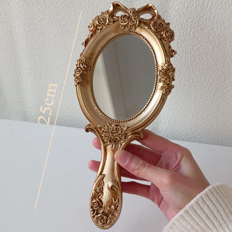 Miroir Rond Rétro avec Nœud Papillon Style Européen Miroirs Décoratifs en Anaglyphe Miroirs à Main de Style Baroque pour Femmes Décoration d'Intérieur