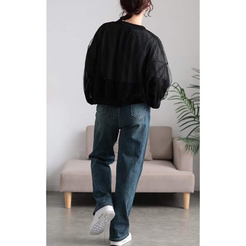 [Gold Japan] large size ladies outer blouson jacket long sleeve tulle Sheer cropped Spring coordination spring summer autumn mnfk-258112 4L black