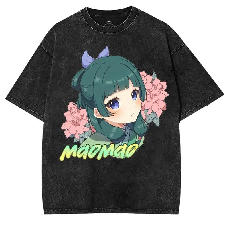 

МаоМао Дневники аптекаря Аниме Одежда Мужские Женские Футболки Короткий Рукав Выстиранная Футболка Винтажная Хлопковая Футболка Харадзюку Топы XXL чёрный