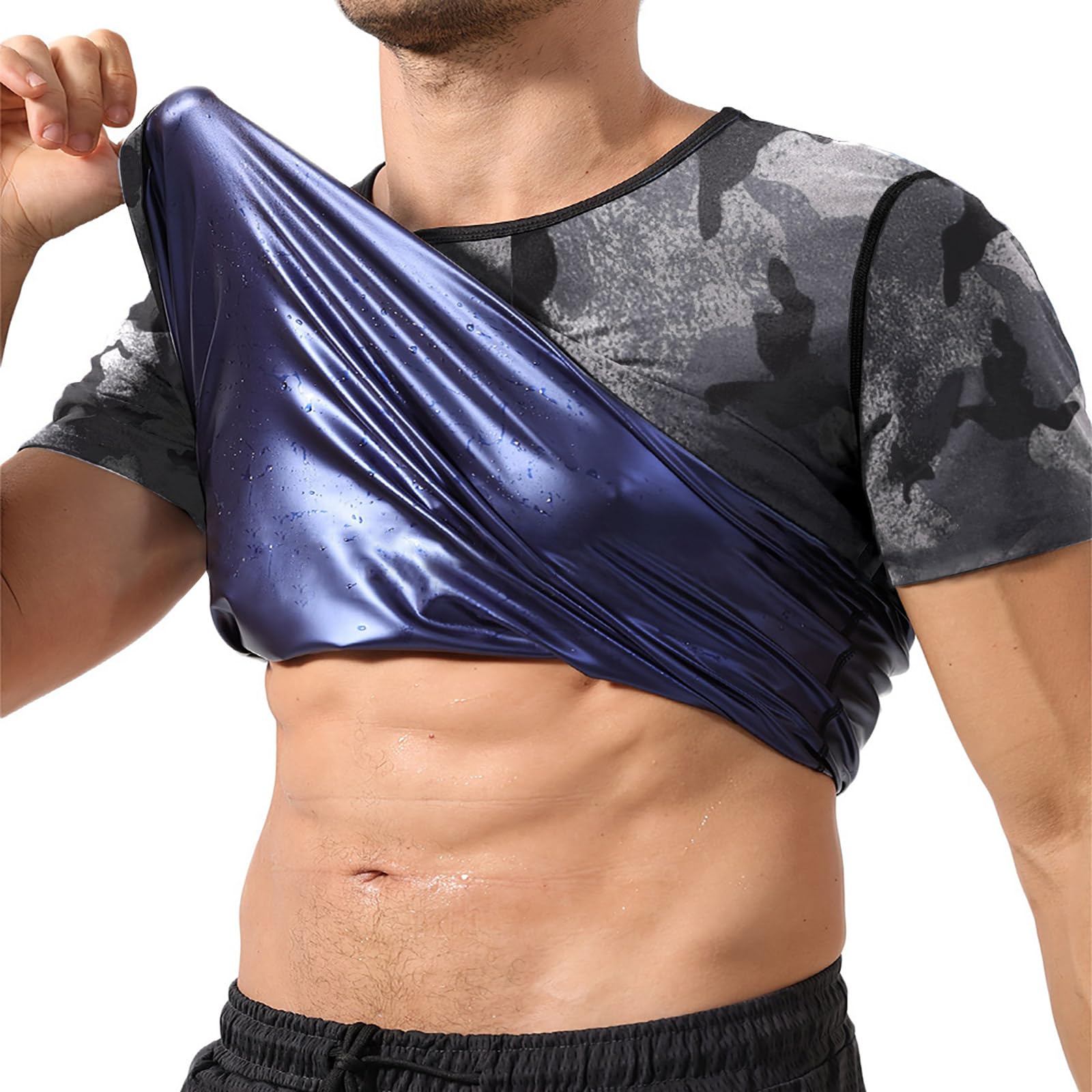 

Шуанау Сауна с коротким рукавом Сауна Жара Камуфляж Вес Жир Большие размеры Мужская рубашка, Костюм, Рубашка, Уменьшающая пот, Принт, Нижнее белье, Диета, Спортивная одежда,