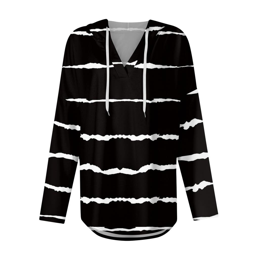 Damenmode Lässiges V-Ausschnitt Kordelzug Bedrucktes Langarm-Pullover-Oberteil