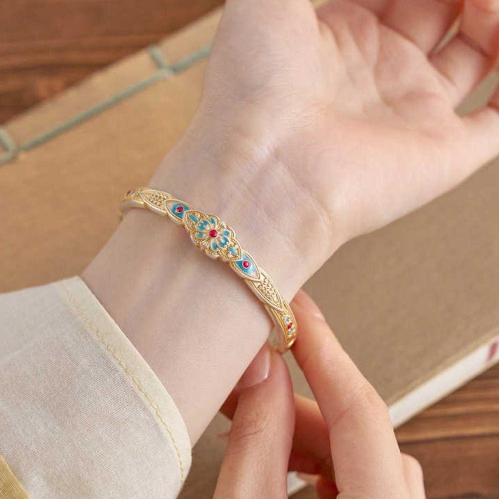 Flower Enamel Lotus Hand Bangle Hand Jewelry Retro Opening Hand Ring  Student