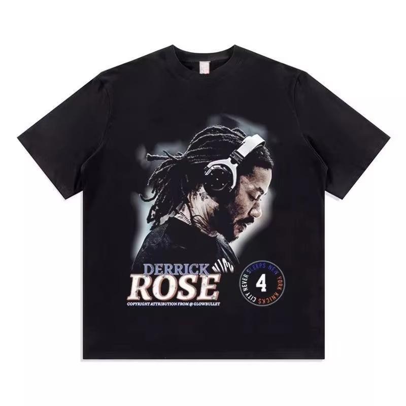 Derrick Rose Vintage Basketball Star Portrait Print Black Cotton Unisex Women And Men Comfortable T-shirt 4XL