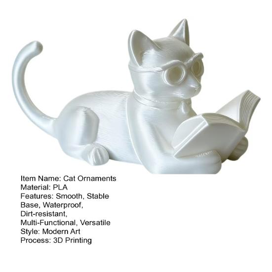Yousheng Reading Cat Ornament, 3D Printed Desk Decor with Glasses & Book, Multi-Functional Phone Stand Holder Bookend, Eco PLA Home Decor Gift for