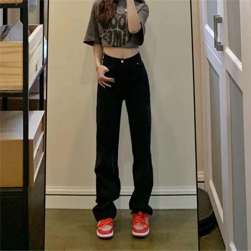 

Women s Black High-Waisted Skinny Straight-Leg Jeans – Hong Kong Style Slimming Floor-Length Pants for Spring/Autumn Large