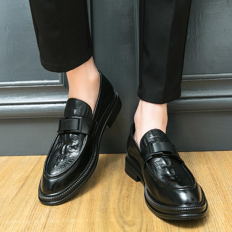 Luxury Men Dress Shoes Genuine Leather Crocodile Print Wedding Black Iron Buckles Business Office Slip On Mens Rubber Sole Shoes