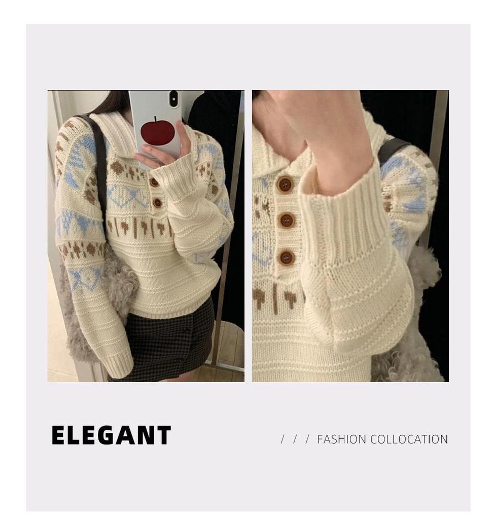 Women's Cozy Jacquard Knit Lapel Sweater - Soft, Casual Academic Style for Autumn and Winter