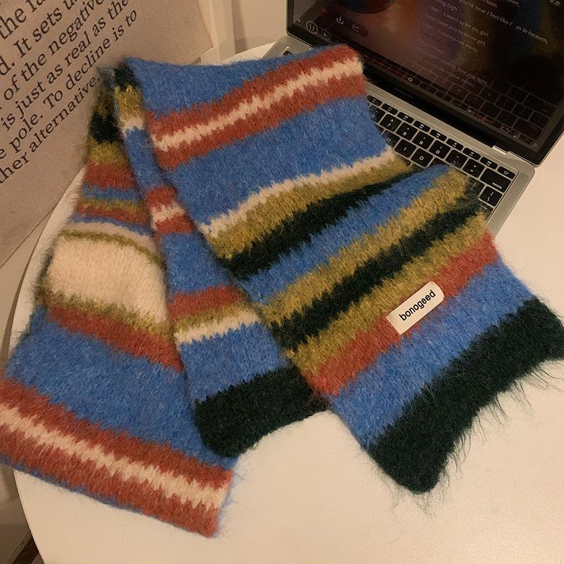 Imitation cashmere soft waxy striped knitted scarf women's autumn and winter Korean atmosphere thickened warm versatile scarf