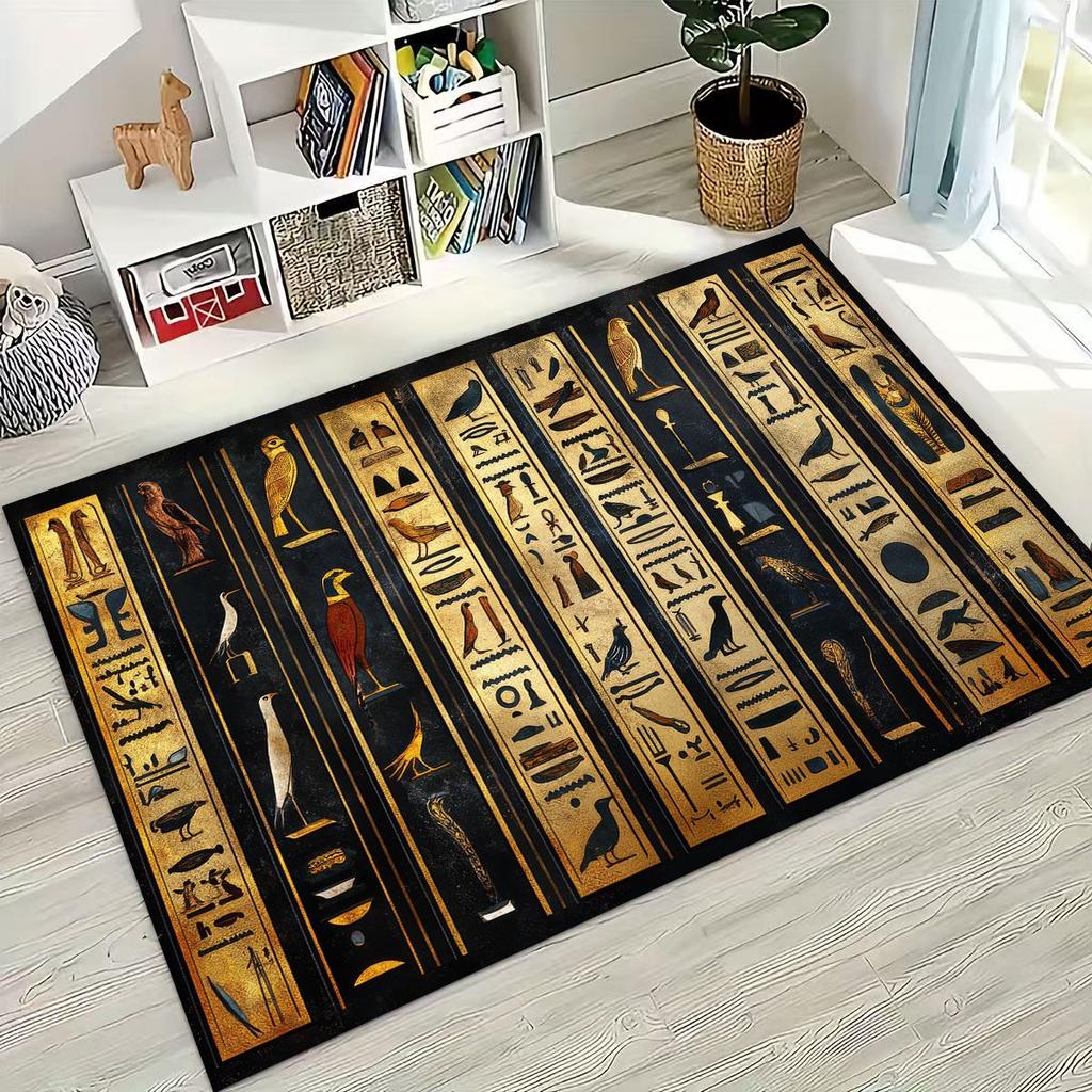Ancient Egyptian Hieroglyphic Symbols Carved Murals Rug for Bedroom Living Room Sofa Home Doormat Decor,Kids Non-slip Floor Mat
