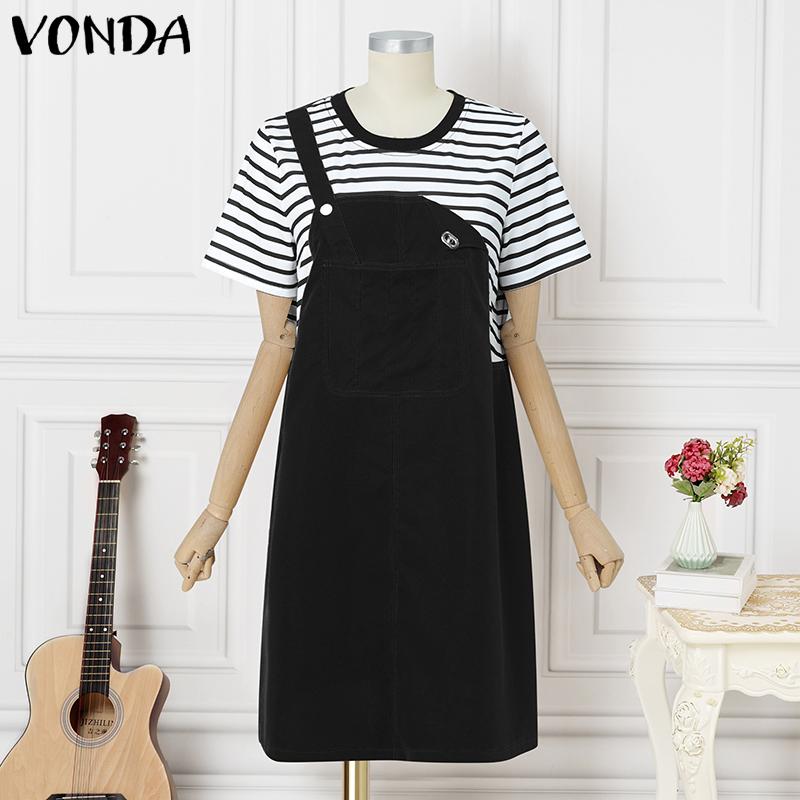 

VONDA Summer Women O-Neck Short Sleeve Striped Patchwork Casual Tunic Dress S чорний