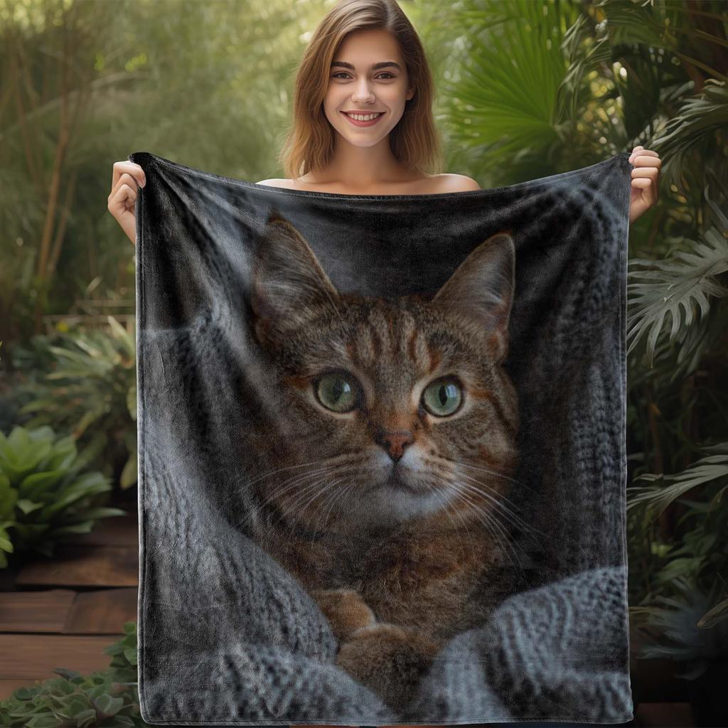 Cat Blanket Realistic Tabby Cat Print Fleece Throw Soft Cozy Pet Lover Gift Home Decor Animal Art Bedding Cover Warm Comforter