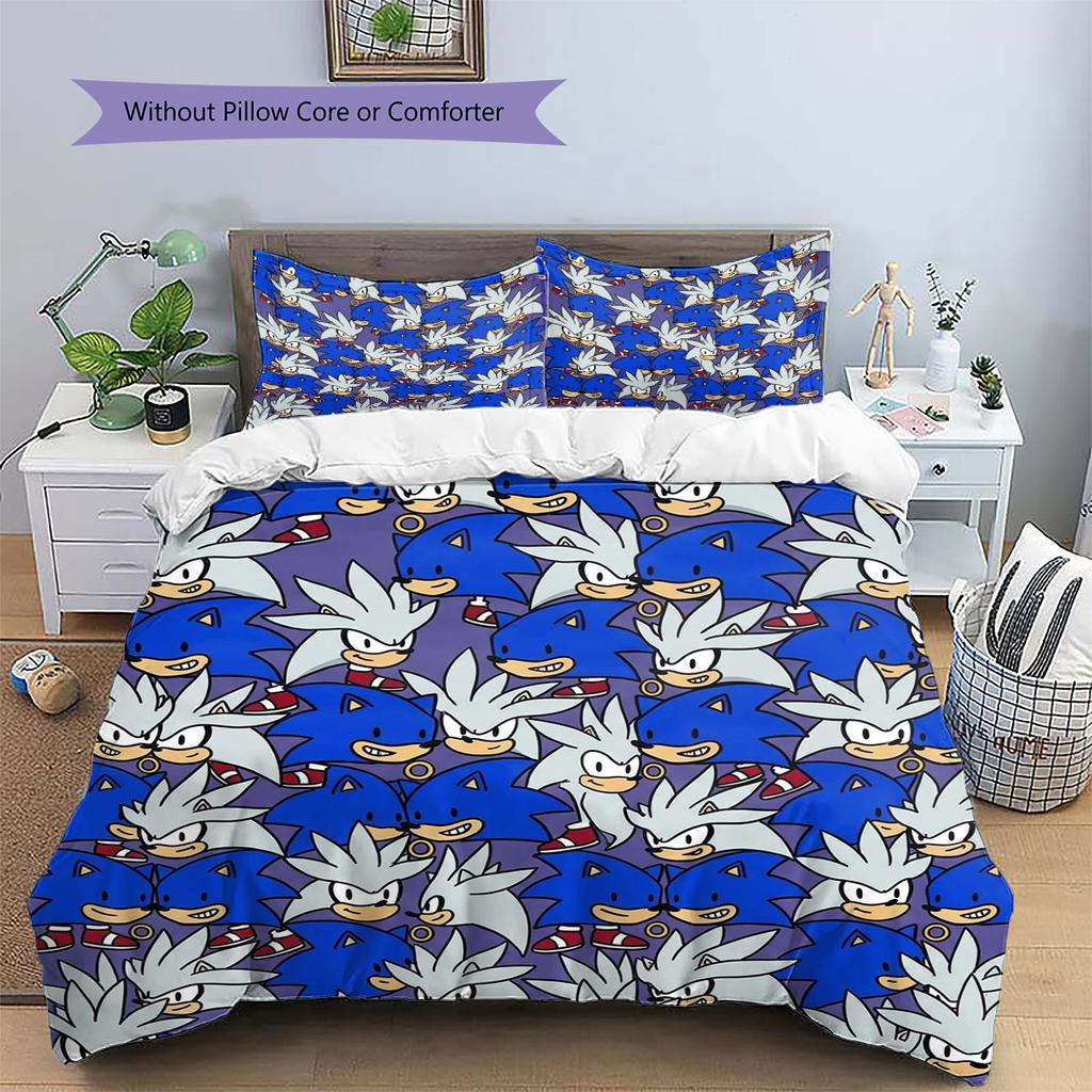 Hedgehog Sonic Pattern Bedding Quilt Set Quilt Cover Pillowcase Home Decoration Birthday Gift (1 * duvet cover + 2 * pillowcase, without core)