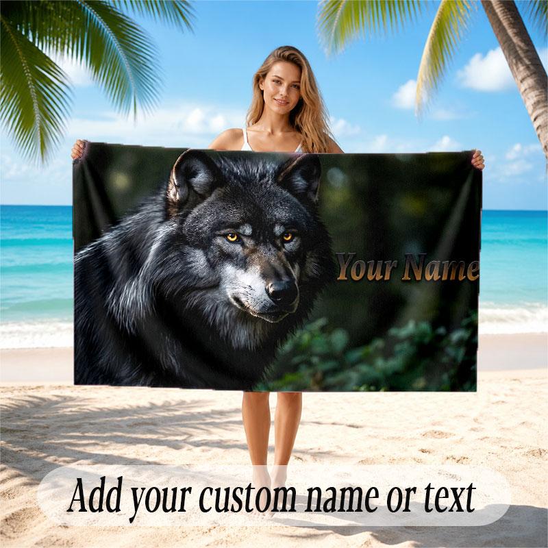 Wolf Theme Beach Towel Personalized Custom Name & Text Soft Quick Dry Beach Towel for Swimming Travel