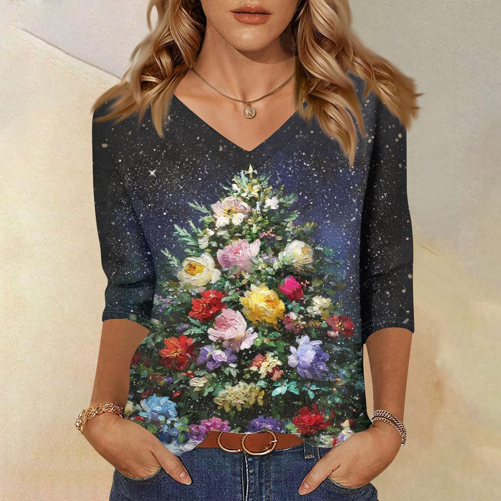 3/4 Sleeve Shirts For Women Print Christmas Tees Blouses Casual Plus Size Basic Tops Pullover