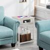 Narrow Nightstand W/ Charging Station - 2-Tier Light Maple White Bedside Table, USB Ports & Outlets + Storage Shelf