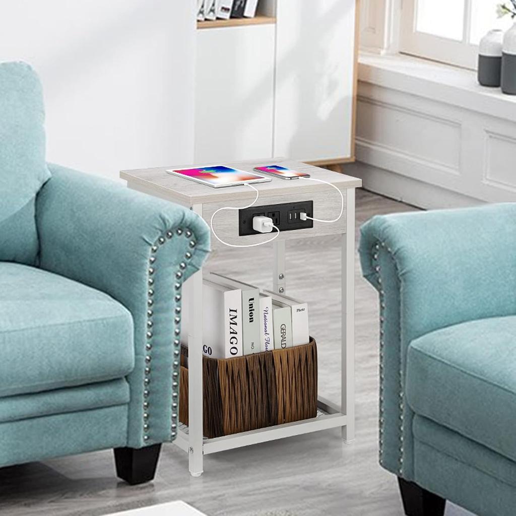 Narrow Nightstand W/ Charging Station - 2-Tier Light Maple White Bedside Table, USB Ports & Outlets + Storage Shelf