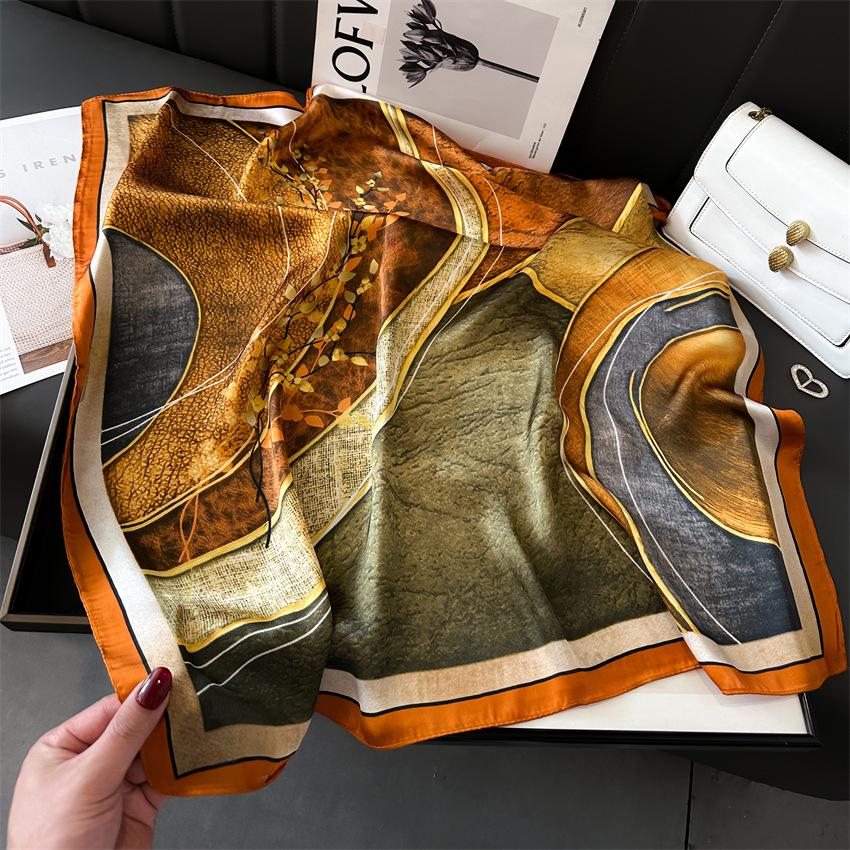 Elegant Ginkgo Leaf Print Silk Square Scarf – Versatile Headscarf for Spring and Summer