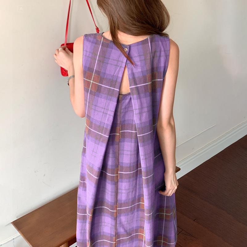 VONDA Ethnic Women Casual Round Neck Sleeveless Plaid Print Casual Tunic Dress