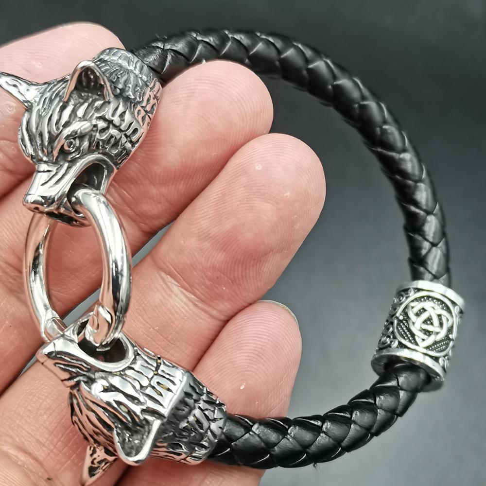 Wolf Head Bracelet Stainless Steel Viking Rune Bead Leather Bracelet Jewelry For Women Men Unisex Gift