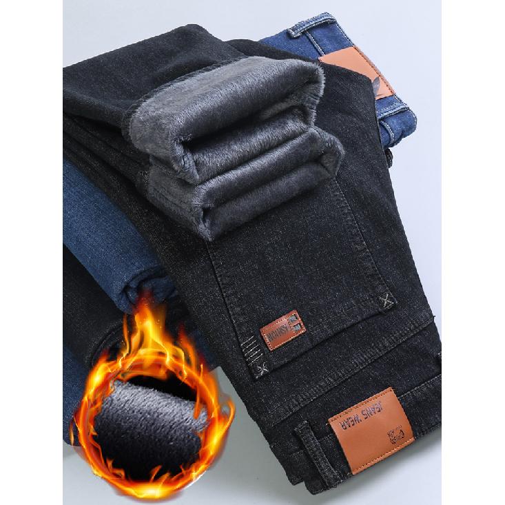 Autumn And Winter New Men'S Versatile Plush Denim Thick Loose Straight Tube Warm High Waist Pants