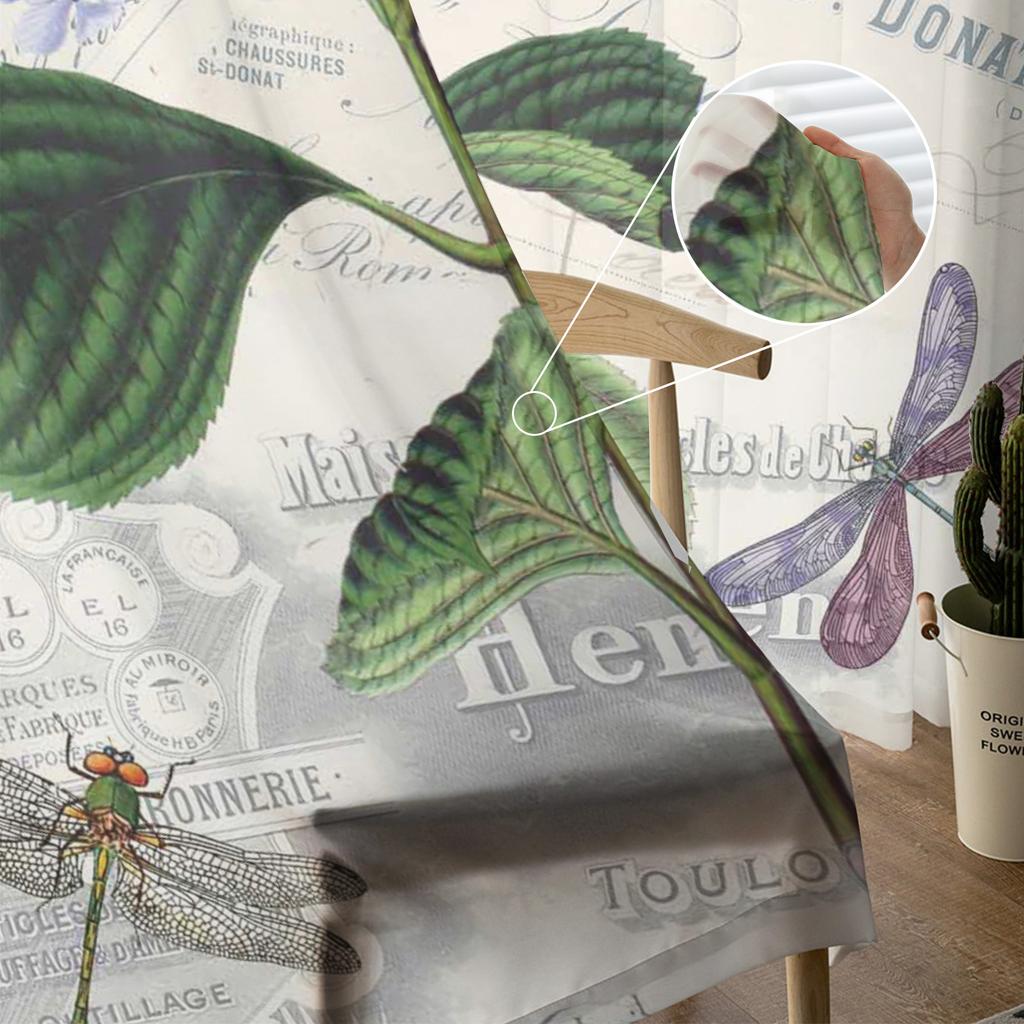 Purple Flower Dragonfly Clock Retro Tulle Curtain Voile Transparent Tulle for Bedroom Living Room Kitchen Sheer Window Curtains