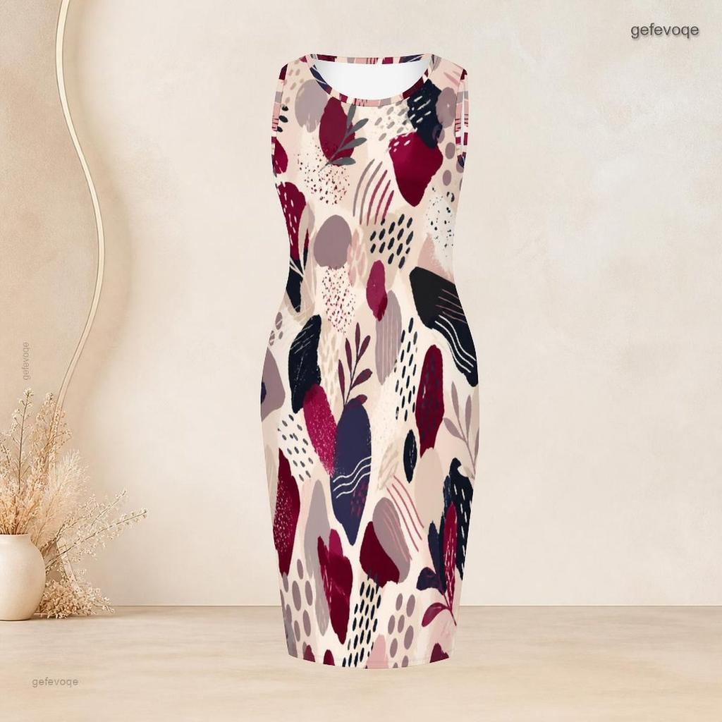 Women Plus Size Two Piece Set Round Neck Sleeveless Bodycon Dress Three Quarter Sleeve Open Cardigan Printed