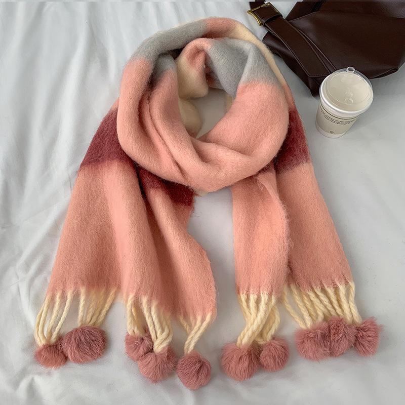 Wind Dopamine Color Stripe Hanging Ball Scarf Warm Student Premium Versatile Scarf