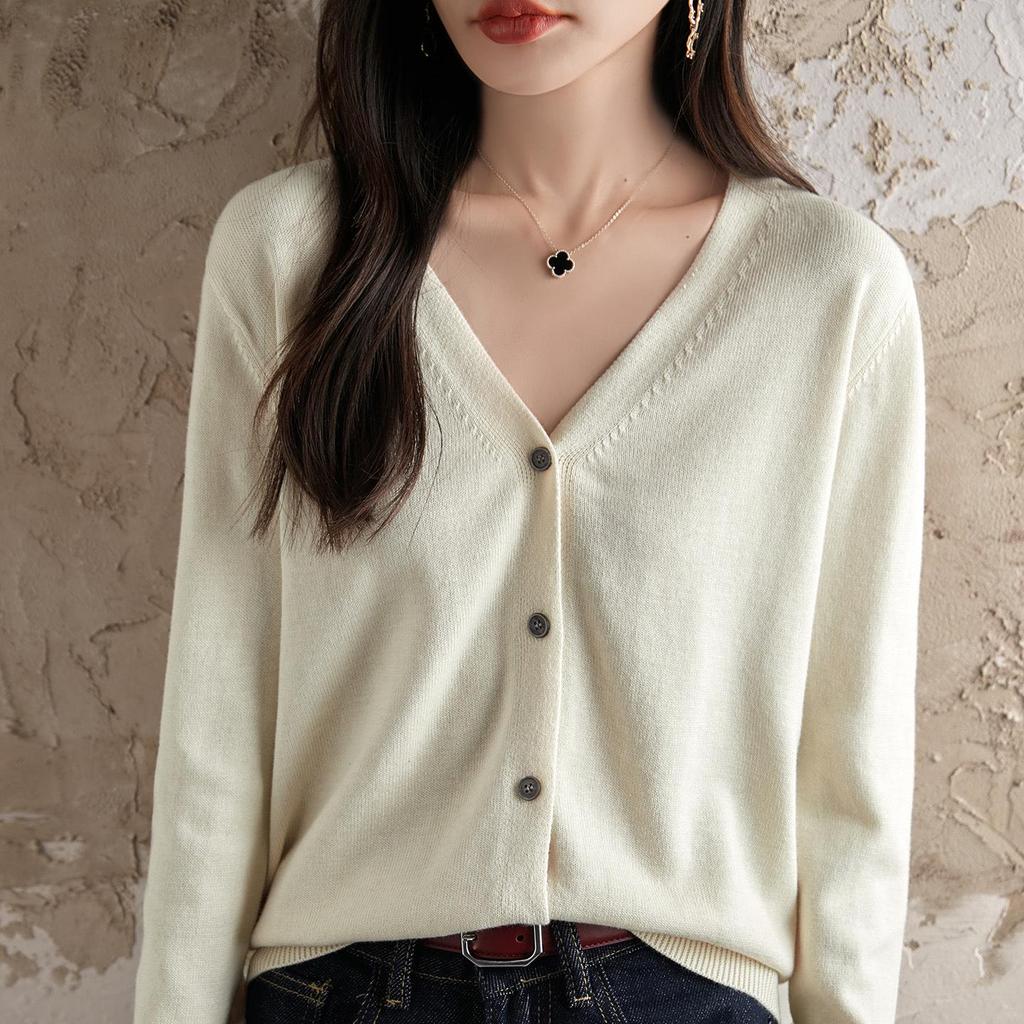 Damen 100% Baumwolle Strick V-Ausschnitt Strickjacke - Frühling/Herbst, Lockere Passform, Unifarbe, Atmungsaktiv, Hohe Dichte, Sonnenschutz Oberbekleidung.