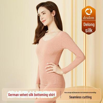 Damen Seiden-Samt Thermisches Langarm-Nahtlos-Top für Herbst/Winter 2024