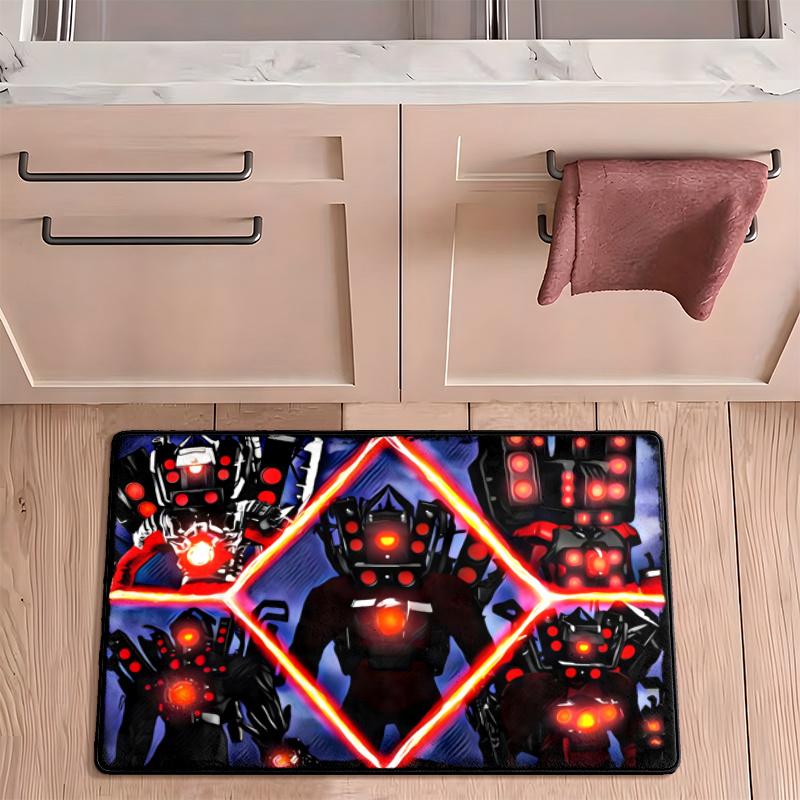 Skibidi Toilet Flannel Kitchen Floor Mat Absorbent Non-Slip Soft Standing Mat Washable Comfortable Kitchen Rug for Home Sink Laundry