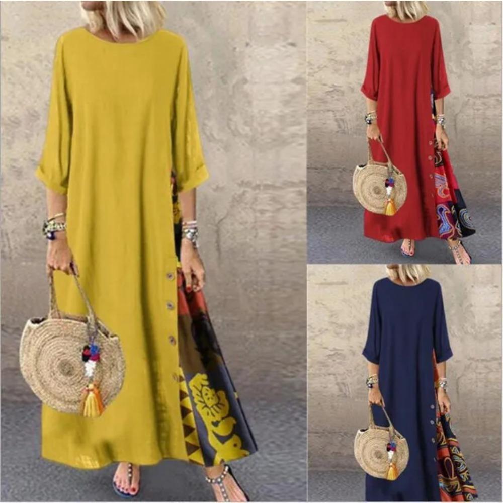 Women's Maxi Dress Round Neck 3/4 Sleeves Long Dress Casual Patchwork Floral Print A-line Dress